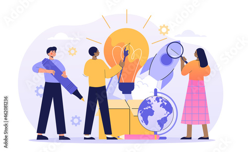 Think Outside Box concept. Men and women come up with creative idea for business. Metaphor for brainstorming and teamwork of employees. Cartoon flat vector illustration isolated on white background