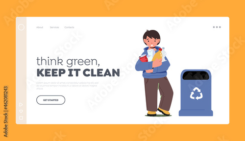 Think Green Landing Page Template. Little Boy Collect Trash, Holding Plastic Packs and Bottles Stand near Recycling Bin