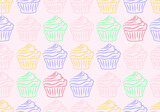 Vector illustration. Seamless pattern for printing on fabric, paper. Pink background and multicolored (light green, brown, blue, yellow) simple cupcakes, soft lines.