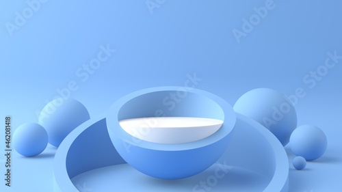 Original product display with a circular shape on a half sphere, in pastel blue. Ideal for beauty products, creams. Striking and clean design.