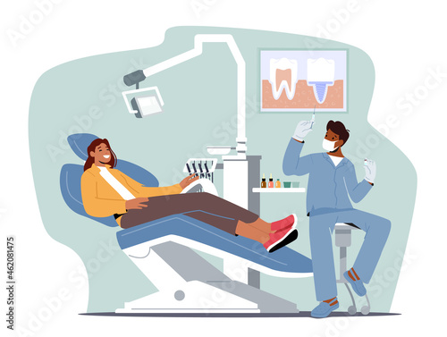 Doctor Dentist Character Conducting Health Medical Treatment Prepare Anesthesia for Patient Woman Sitting in Medic Chair