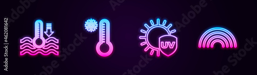 Set line Water thermometer, Meteorology, UV protection and Rainbow. Glowing neon icon. Vector