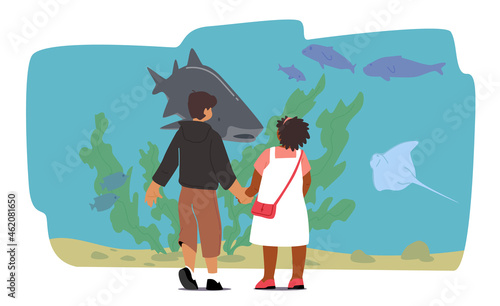 Children Visiting Oceanarium, Baby Characters in Public Aquarium. Family Spare Time and Recreation, Weekend Leisure