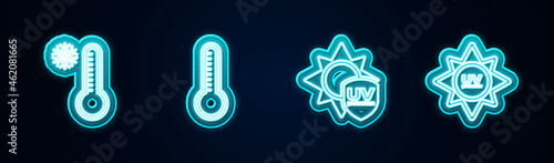 Set line Meteorology thermometer, , UV protection and . Glowing neon icon. Vector