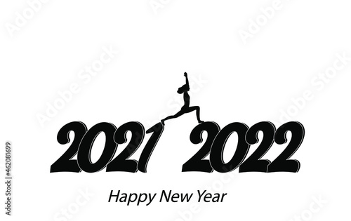  Vector illustration  New year 2022 and 2021, silhouette woman yoga pose . Black color, white background. Holiday design,  template for holiday greeting card, invitation, calendar poster, banner