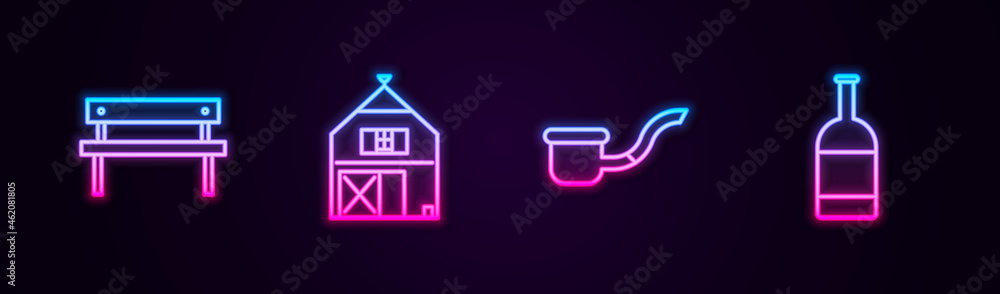 Set line Bench, Farm House, Smoking pipe and Beer bottle. Glowing neon icon. Vector Set line Bench, Farm House, Smoking pipe and Beer bottle. Glowing neon icon. Vector