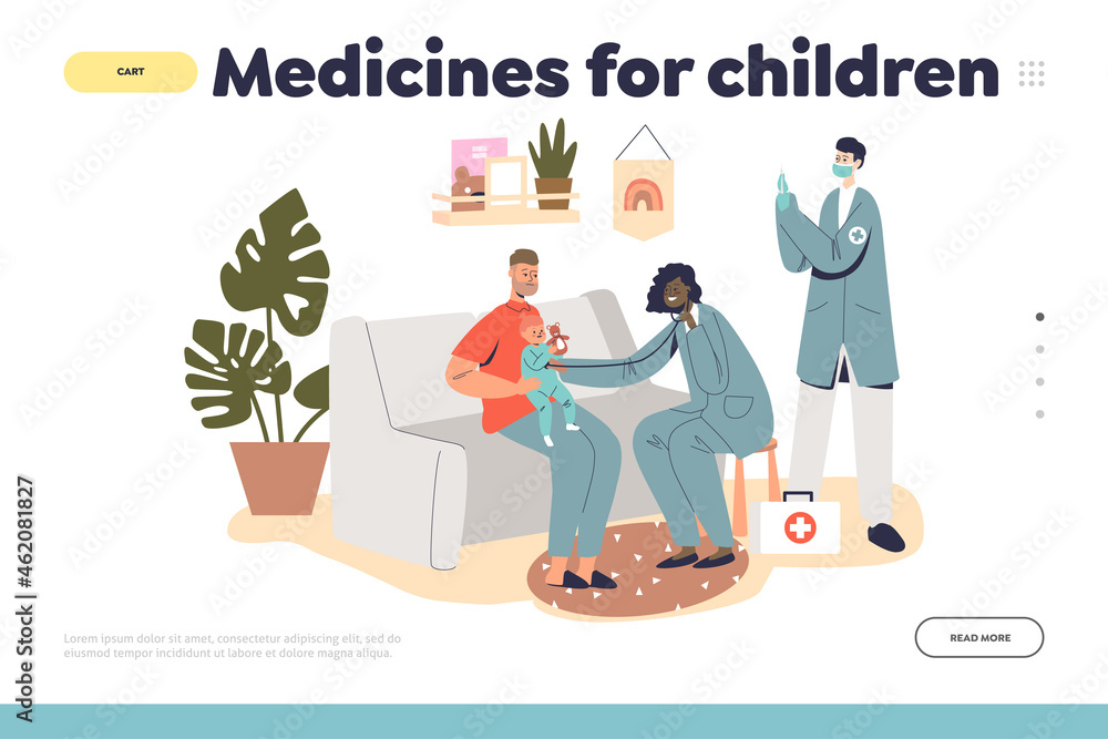 Medicines for children concept of landing page with family doctors pediatrician visit kid at home