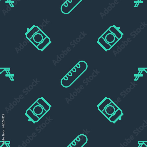 Set line French baguette bread, Beer can and Picnic table with benches on seamless pattern. Vector © vector_v