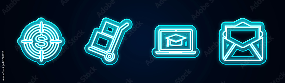 Set line Target with dollar, Hand truck and boxes, Graduation cap on laptop and Mail e-mail. Glowing neon icon. Vector Set line Target with dollar, Hand truck and boxes, Graduation cap on laptop and Mail e-mail. Glowing neon icon. Vector