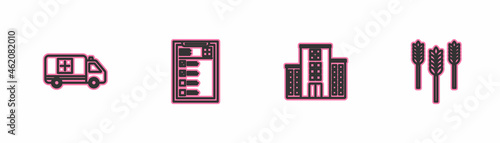 Set line Emergency car, Medical hospital building, Clinical record and Wheat icon. Vector