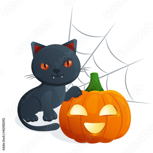Halloween pumpkin with cute black cat. Orange pumpkin and kitty on white background with spiderweb. Cartoon illustration for the holiday Halloween. Gourd glowing with light. Vector illustration.