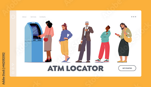 Atm Locator Landing Page Template. People Automated Teller Machine Line. Clients Characters Stand in Queue in Bank