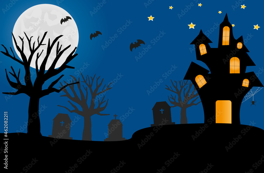 Happy Halloween illustration or banner with an invitation to a pumpkin party in a cut style. An frightening house and Moon. Vector illustration.