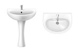 Ceramic sink front and top view. Restroom basin For washing hands. Classic white bathroom washbasin
