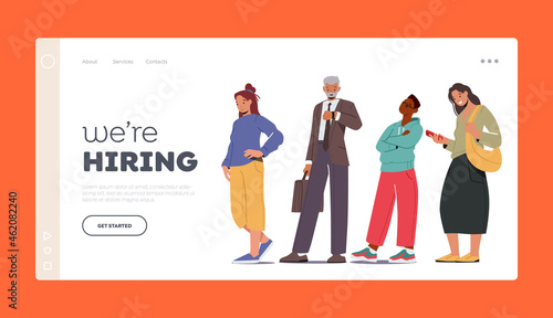 We are Hiring Landing Page Template. Men and Women Stand in Row. Job Hiring Concept with Good Looking Employees