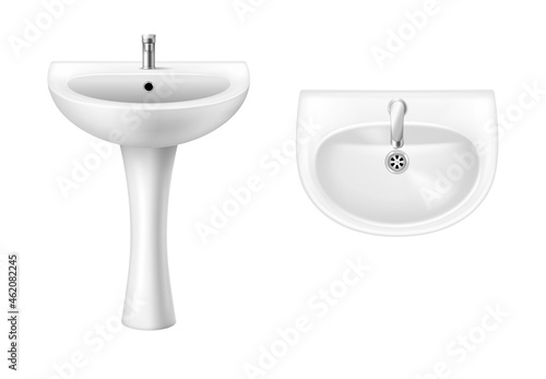 Ceramic sink front and top view. Restroom basin For washing hands. Classic white bathroom washbasin