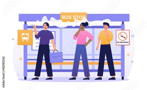 Smoking in Public Place concept. Man with cigarette at bus stop. Smoking person causes discomfort to others. Bad habit. Cartoon contemporary flat vector illustration isolated on white background