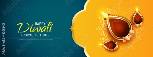 Happy Diwali - festival of lights colorful banner template design with decorative diya lamp.