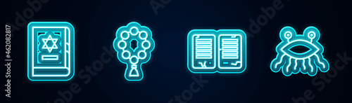 Set line Jewish torah book, Rosary beads religion, The commandments and Pastafarianism. Glowing neon icon. Vector