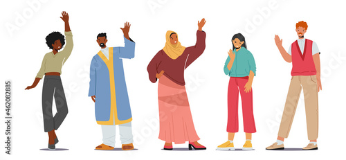 Multinational People Waving Hands, Happy Young Male and Female Characters in Traditional Costumes Greeting Gesturing