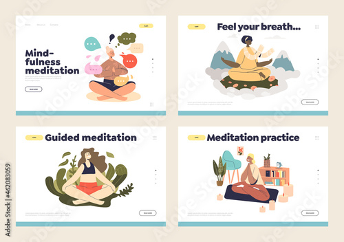 Yoga and meditation for mindfulness and wellness concept of landing pages set with female meditating