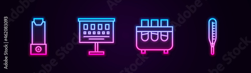 Set line Inhaler, Eye test chart, Test tube and flask and Medical thermometer. Glowing neon icon. Vector