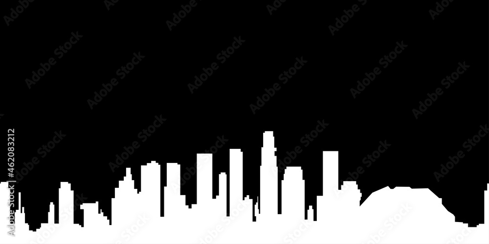 City landscape. Buildings, white silhouette isolated on black background. Infinity horizontal cityscape. Contour drawing. Outline illustration, black and white style, panoramic view