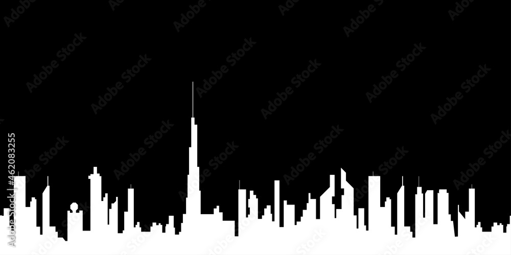 City landscape. Buildings, white silhouette isolated on black background. Infinity horizontal cityscape. Contour drawing. Outline illustration, black and white style, panoramic view
