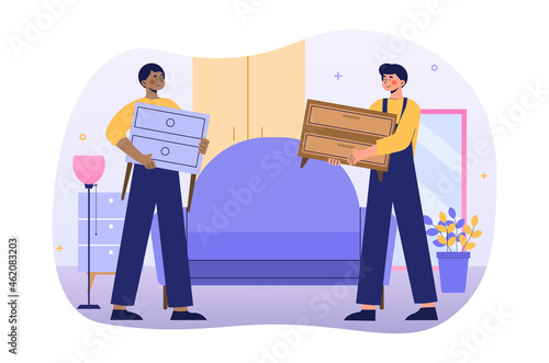 Service for transporting things concept. Male movers carry bedside tables and sofa. Delivery of furniture. Employees transport objects. Cartoon flat vector illustration isolated on white background