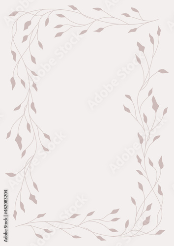 Szablon ramki z listkami na jasnym tle. Beżowe elementy do projektowania papeterii, kartek urodzinowych, życzeń, gratulacji, wzór zaproszenia ślubnego, voucher, tło do social media lub na blog.