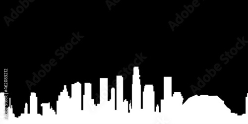 City landscape. Buildings  white silhouette isolated on black background. Infinity horizontal cityscape. Contour drawing. Outline illustration  black and white style  panoramic view