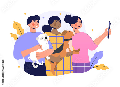 Selfie with dog concept. Friends take photo with their pets. Happy characters take care of their puppies. Content for social networks. Cartoon flat vector illustration isolated on white background