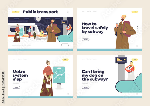 Travel on public transport concept of landing page set with people using metro and waiting for train
