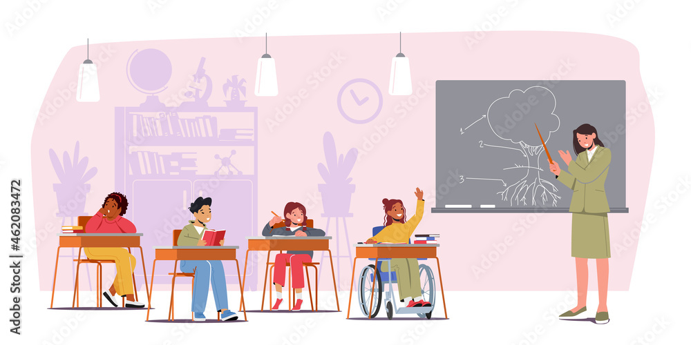 Disability and Education Concept, Kids on Lesson. Children with Teacher in Classroom. Disabled Boy in Wheelchair Disability and Education Concept, Kids on Lesson. Children with Teacher in Classroom. Disabled Boy in Wheelchair