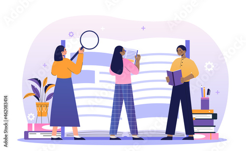 Searching knowledge concept. Men and women stand next to book and find necessary information. Independent training and education. Cartoon modern flat vector illustration isolated on white background