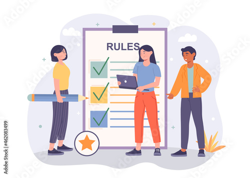 Rules in office concept. Employees stand next to large list of company moral principles. Team work policy. Non disclosure of information. Cartoon flat vector illustration isolated on white background