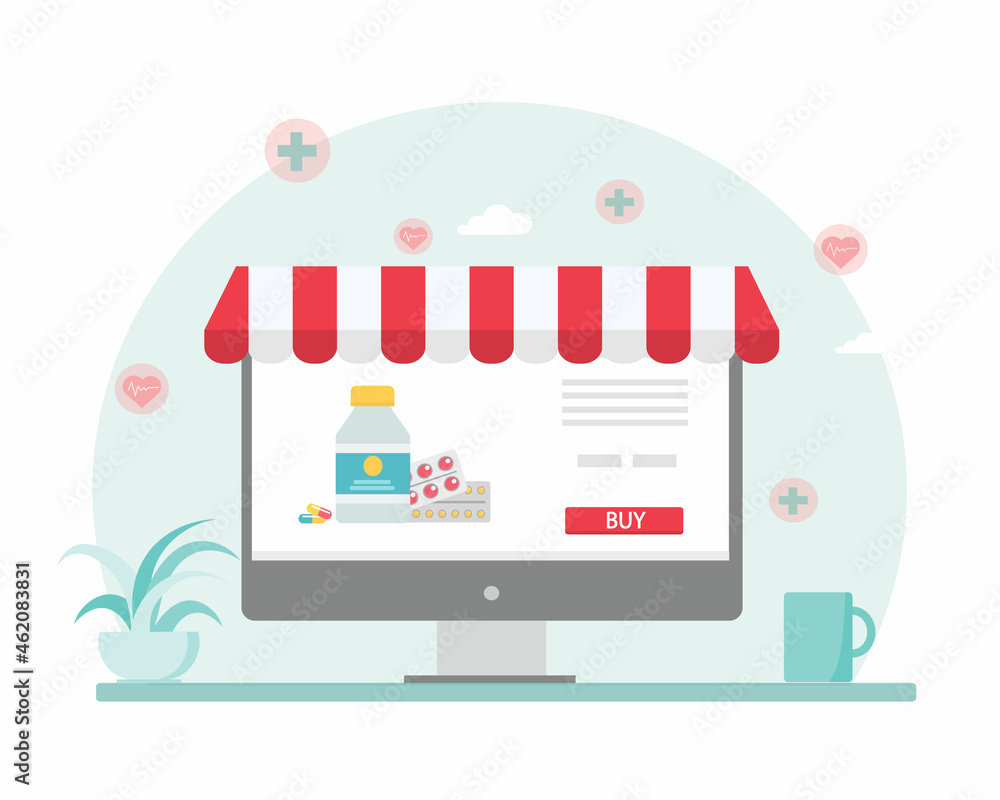 Online shopping concept pills.Online pharmacy .Vector illustration. Online pharmacy on the computer