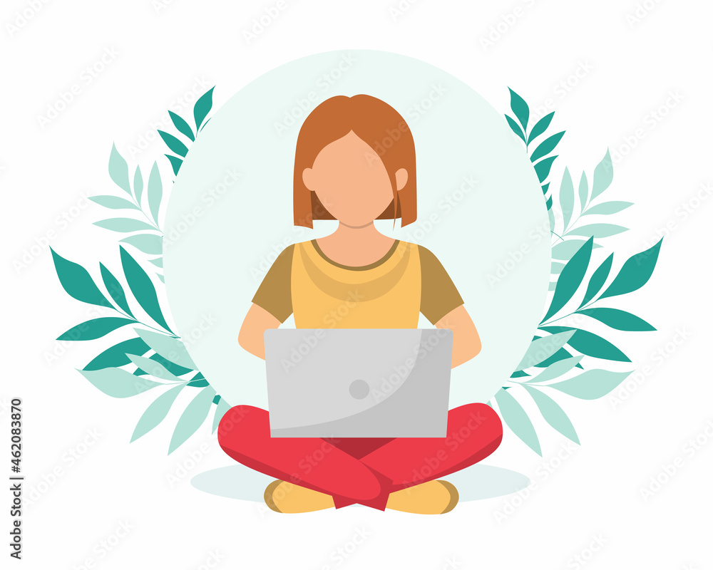 woman sitting with laptop.Concept illustration for working, freelancing, studying, education, work from home. Vector illustration in flat cartoon style woman sitting with laptop.Concept illustration for working, freelancing, studying, education, work from home. Vector illustration in flat cartoon style