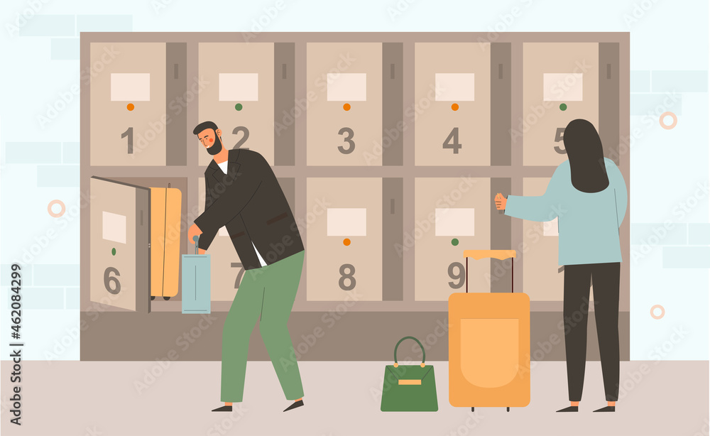 Baggage Storage concept. Man and woman put their suitcases in special storage cells with individual key. Shelves for storage at airport. Cartoon flat vector illustration isolated on white background Baggage Storage concept. Man and woman put their suitcases in special storage cells with individual key. Shelves for storage at airport. Cartoon flat vector illustration isolated on white background
