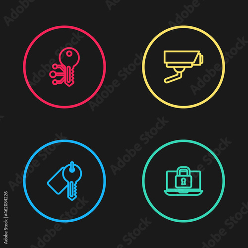 Set line Marked key, Laptop and lock, Security camera and Cryptocurrency icon. Vector © vector_v