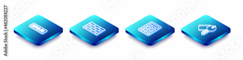 Set Isometric line Spam, Firewall, security wall, Password protection and Marked key icon. Vector