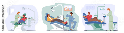 Doctor Conduct Teeth Caries Treating, Dentist Check Up or Treatment Procedure. Adult and Children Patients in Chair