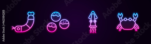 Set line Shrimp, Takoyaki, Octopus and Crab. Glowing neon icon. Vector