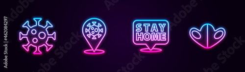 Set line Virus, Corona virus 2019-nCoV on location, Stay home and Medical protective mask. Glowing neon icon. Vector