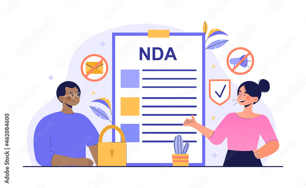 NDA contract concept. Man and woman sign non disclosure agreement, Employees observe confidentiality. Proprietary information document. Cartoon flat vector illustration isolated on white background NDA contract concept. Man and woman sign non disclosure agreement, Employees observe confidentiality. Proprietary information document. Cartoon flat vector illustration isolated on white background