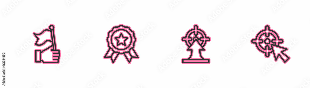 Set line Hand holding flag, Target, Medal and icon. Vector Set line Hand holding flag, Target, Medal and icon. Vector