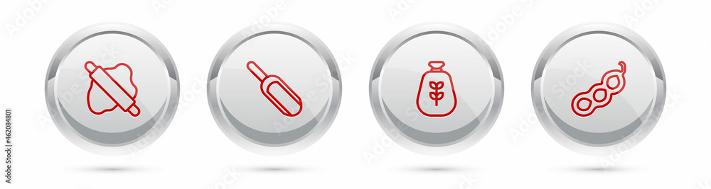 Set line Rolling pin on dough, Scoop flour, Bag of and Green peas. Silver circle button. Vector Set line Rolling pin on dough, Scoop flour, Bag of and Green peas. Silver circle button. Vector