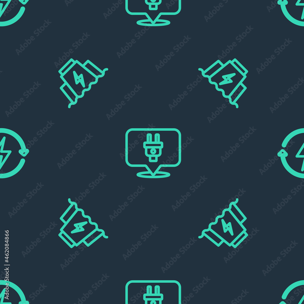 Set line Electric plug, Hydroelectric dam and Recharging on seamless pattern. Vector Set line Electric plug, Hydroelectric dam and Recharging on seamless pattern. Vector