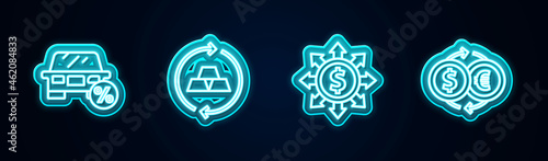 Set line Car leasing percent, Gold bars, Dollar, share, network and Money exchange. Glowing neon icon. Vector