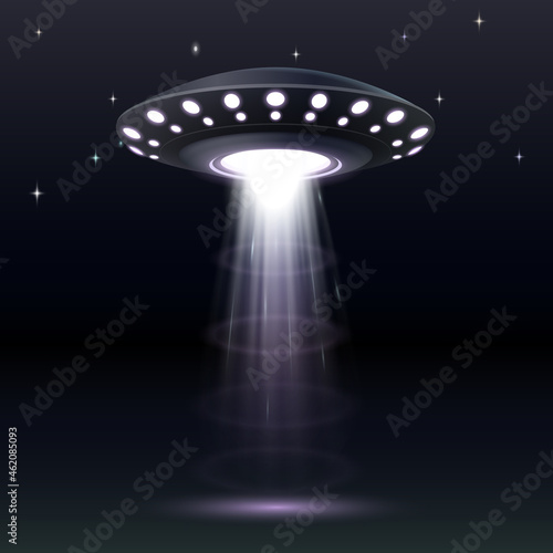 Alien spaceship, ufo with blue light beam. Futuristic flying saucer, unidentified round rocket